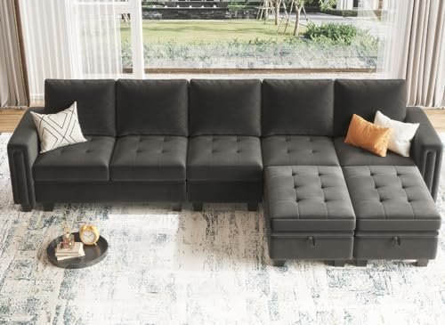 Belffin Large Velvet L Shaped Sectional Sofa Couch with Reversible Double Chaises Modular Sectional Sofa Couch with Storage Ottomans Convertible Sectional Sofa Grey  Home & Kitchen