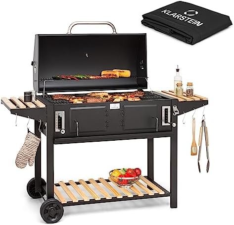 Klarstein Barbecue Charbon de Bois, Barbecue Grill Exterieur, Barbecues à Charbon, Etagères, Thermomètre, Roues, Portable, Grand Bbq Camping, Résistant aux Intempéries, Barbecue Américain a Bois