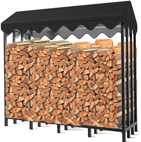 Himimi Range Bûches Extérieur en Métal, 185 x 70 x 185cm, Capacité Maximale 2,4m³, Étagère à Bois de Chauffage avec Housse de Protection